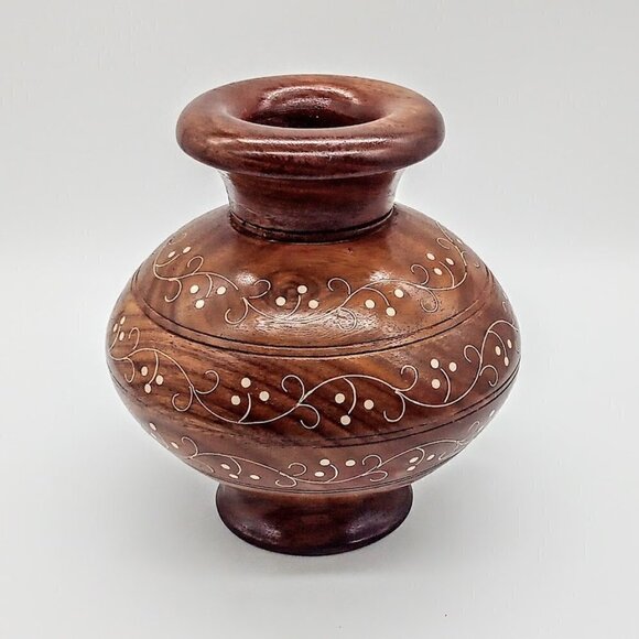 Hand-Turned 6-Inch Decorated Wood Vase - Picture 2 of 7